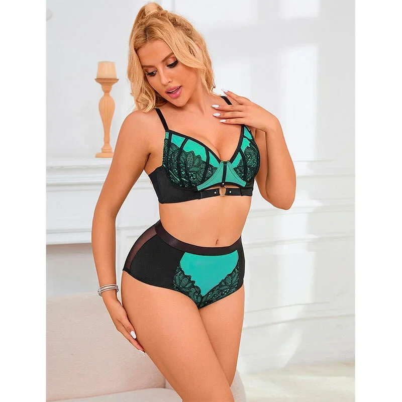 SUBBLIME - 955564 GRÜNES LACKLEDER-NETZ-ZIPPER-BH-SET L/XL