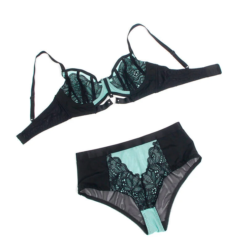 SUBBLIME - 955564 GRÜNES LACKLEDER-NETZ-ZIPPER-BH-SET L/XL