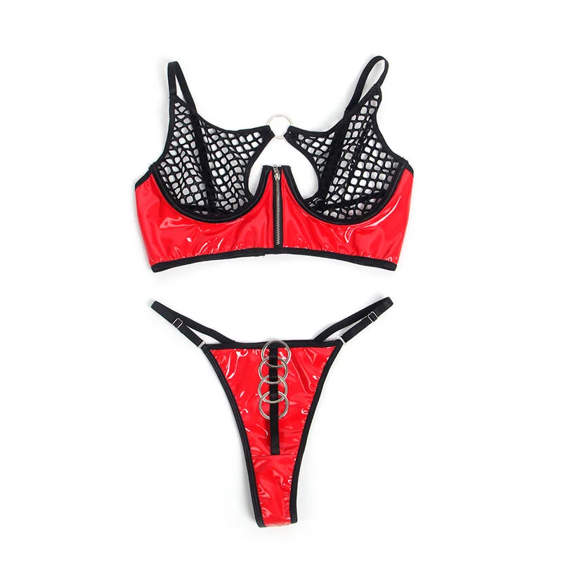 SUBBLIME - 955533 ROTES LACKLEDER-NETZ-ZIPPER-BH-SET S/M