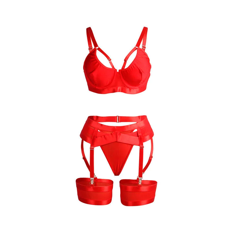 SUBBLIME - 955250 ROTER BONDAGE-BH MIT STRUMPFBAND-SET S/M