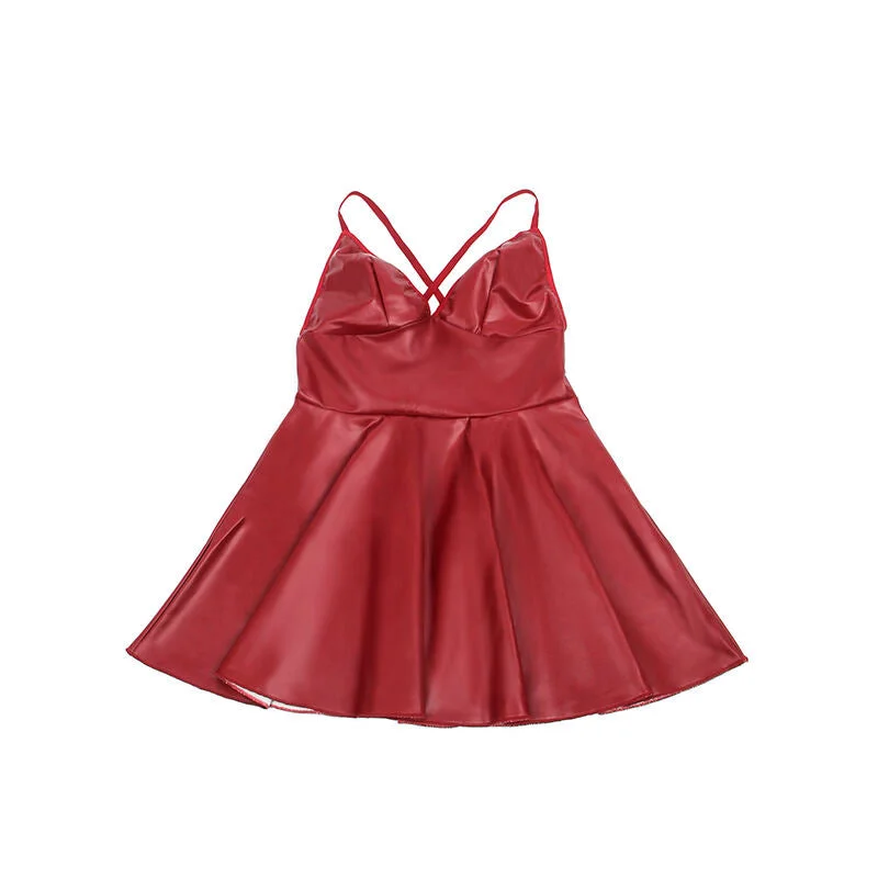 SUBBLIME - 955397 KLEID MIT BURGUNDERROTEN LEDERTRÄGERN S/M