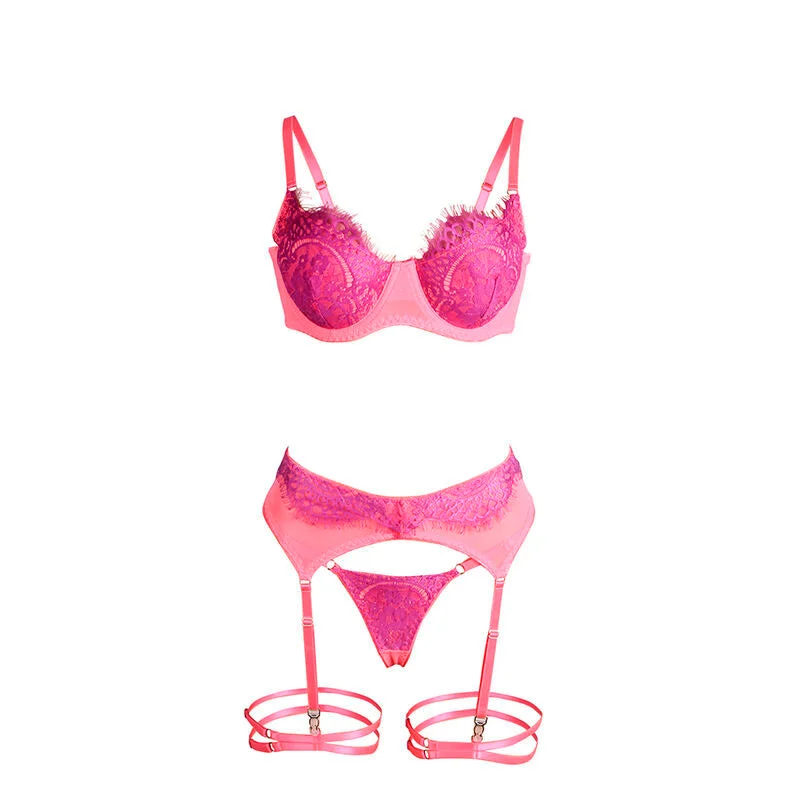 SUBBLIME - 955359 BH-SET MIT SPITZE UND STRUMPFBÄNDERN ROSA UND LILA S/M