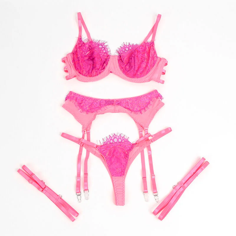 SUBBLIME - 955359 BH-SET MIT SPITZE UND STRUMPFBÄNDERN ROSA UND LILA S/M