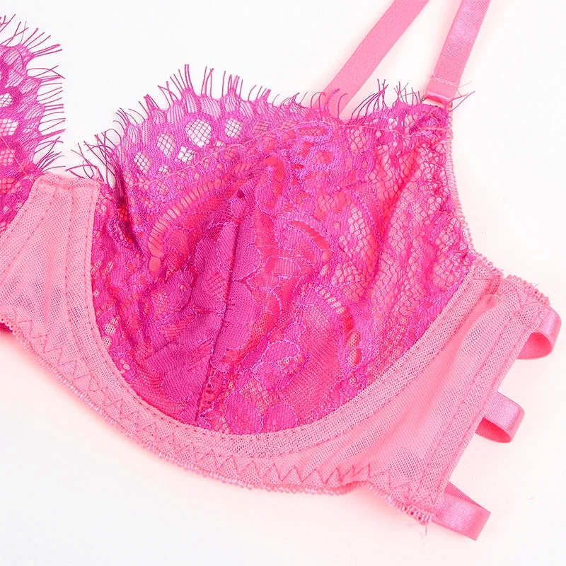 SUBBLIME - 955359 BH-SET MIT SPITZE UND STRUMPFBÄNDERN ROSA UND LILA S/M