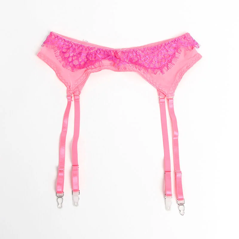 SUBBLIME - 955359 BH-SET MIT SPITZE UND STRUMPFBÄNDERN ROSA UND LILA S/M