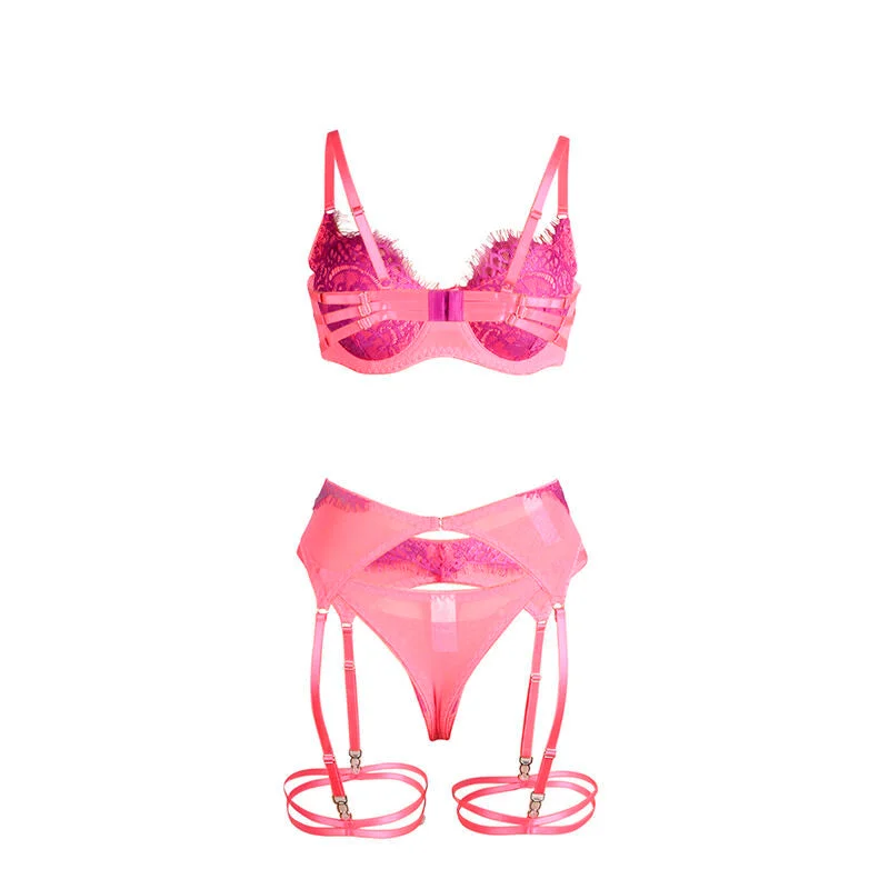 SUBBLIME - 955359 BH-SET MIT SPITZE UND STRUMPFBÄNDERN ROSA UND LILA S/M