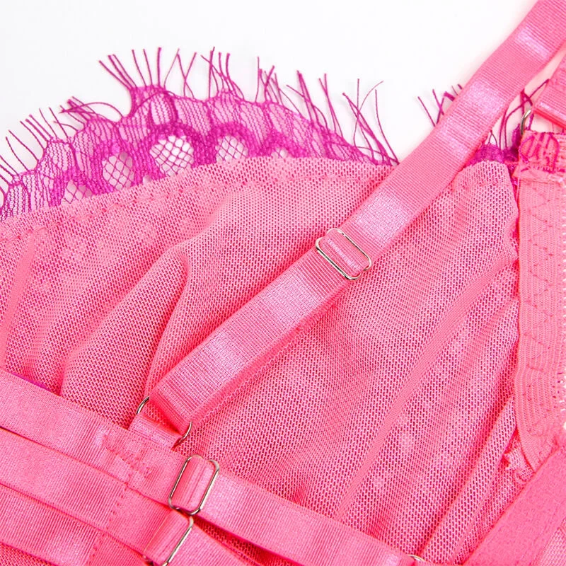 SUBBLIME - 955359 BH-SET MIT SPITZE UND STRUMPFBÄNDERN ROSA UND LILA S/M