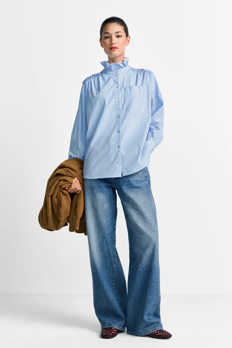 Cotton Striped Blouse with Ruffle