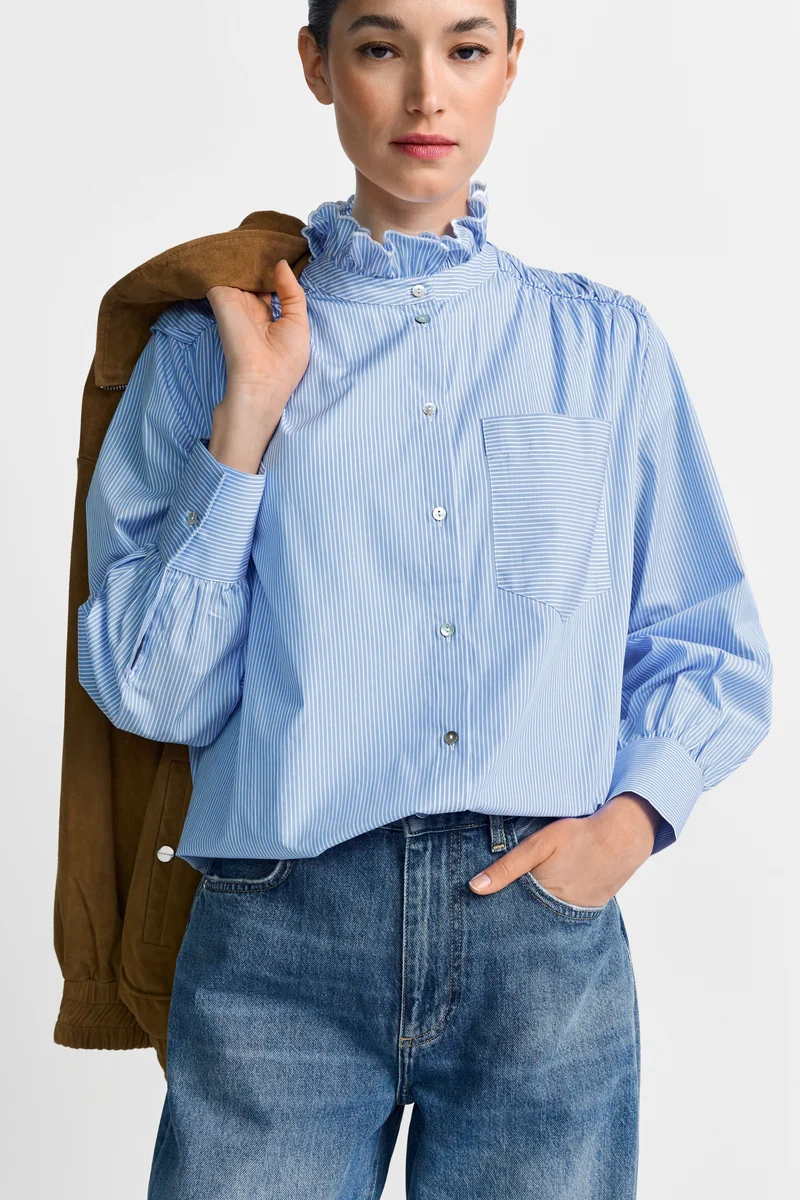 Cotton Striped Blouse with Ruffle