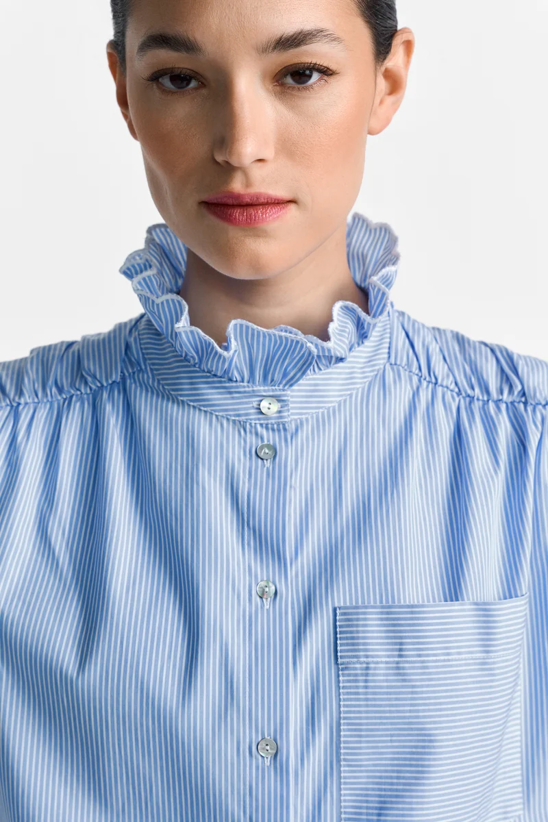 Cotton Striped Blouse with Ruffle