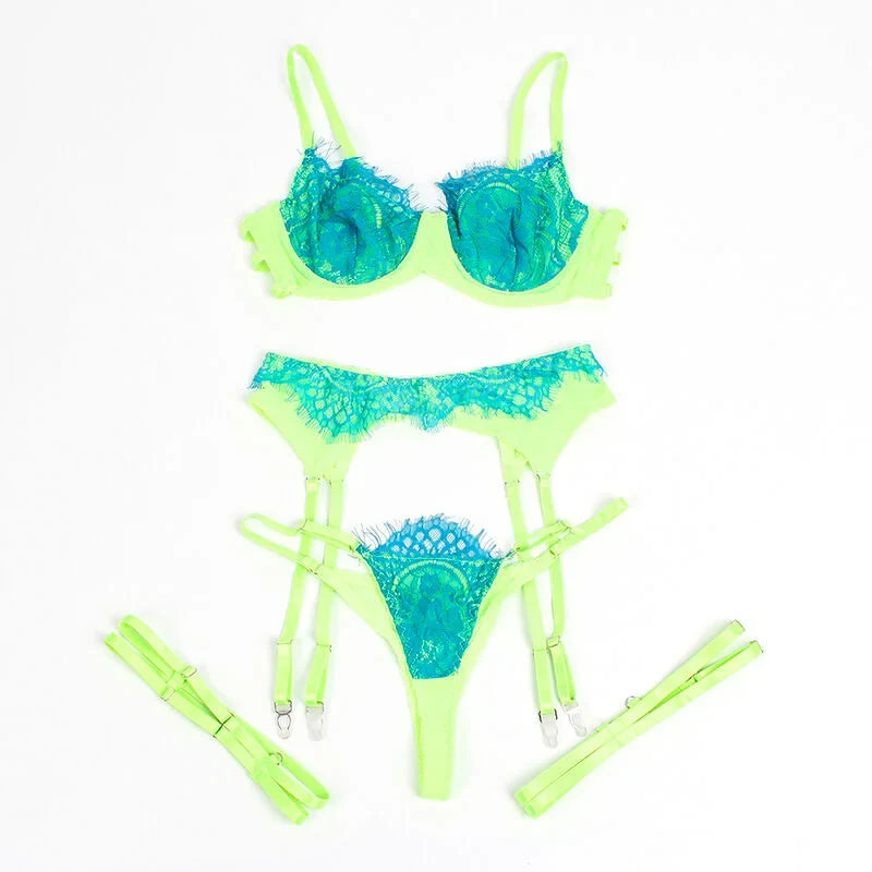SUBBLIME - 955311 BH-SET MIT SPITZE UND STRUMPFBAND GRÜN UND BLAU S/M