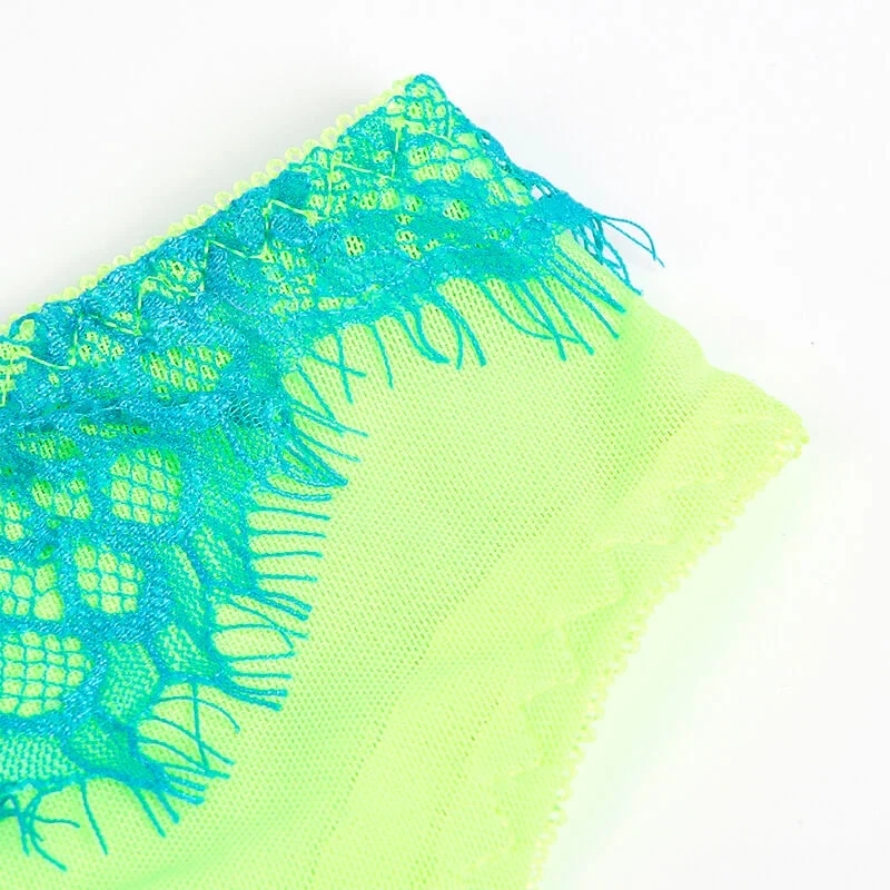 SUBBLIME - 955311 BH-SET MIT SPITZE UND STRUMPFBAND GRÜN UND BLAU S/M