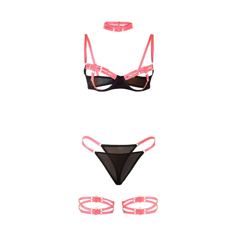 SUBBLIME - 955304 BH-SET MIT HALSKETTE UND BEINDETAILS FLUORESZIERENDES ROSA L/XL