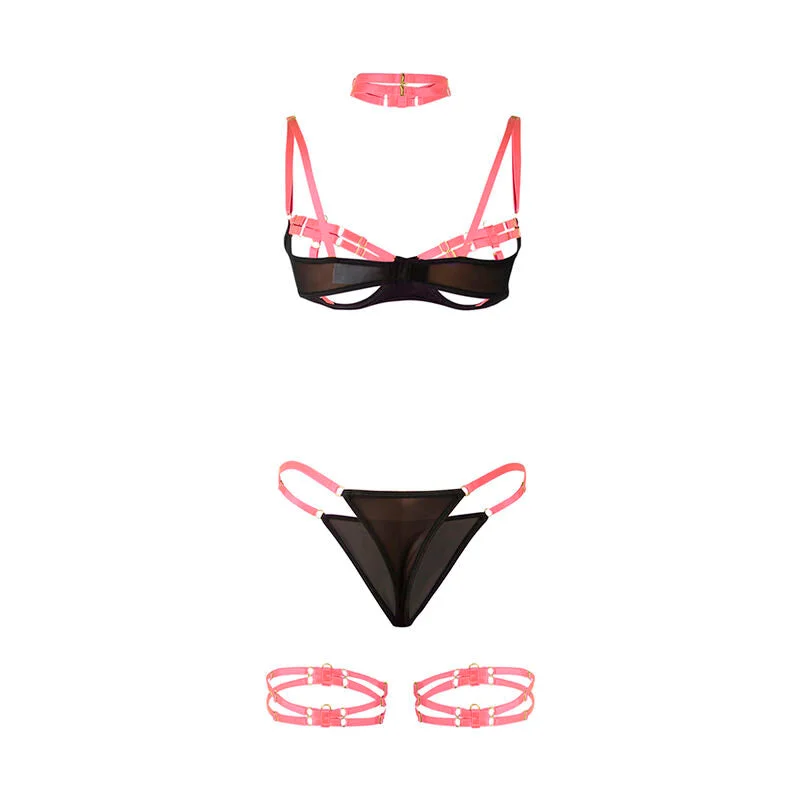 SUBBLIME - 955304 BH-SET MIT HALSKETTE UND BEINDETAILS FLUORESZIERENDES ROSA L/XL