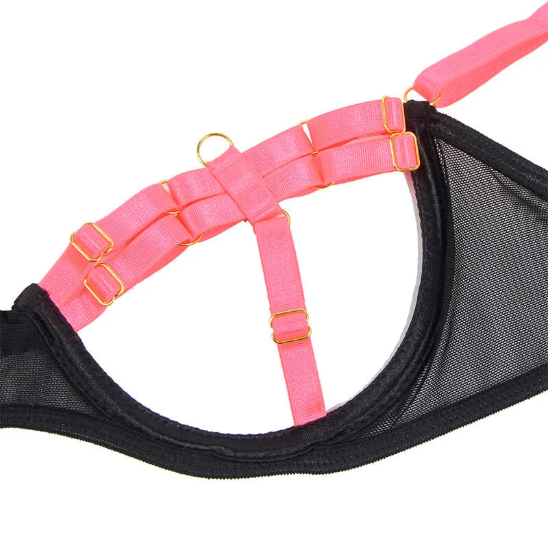 SUBBLIME - 955298 BH-SET MIT HALSKETTE UND BEINDETAILS FLUORESZIERENDES ROSA S/M