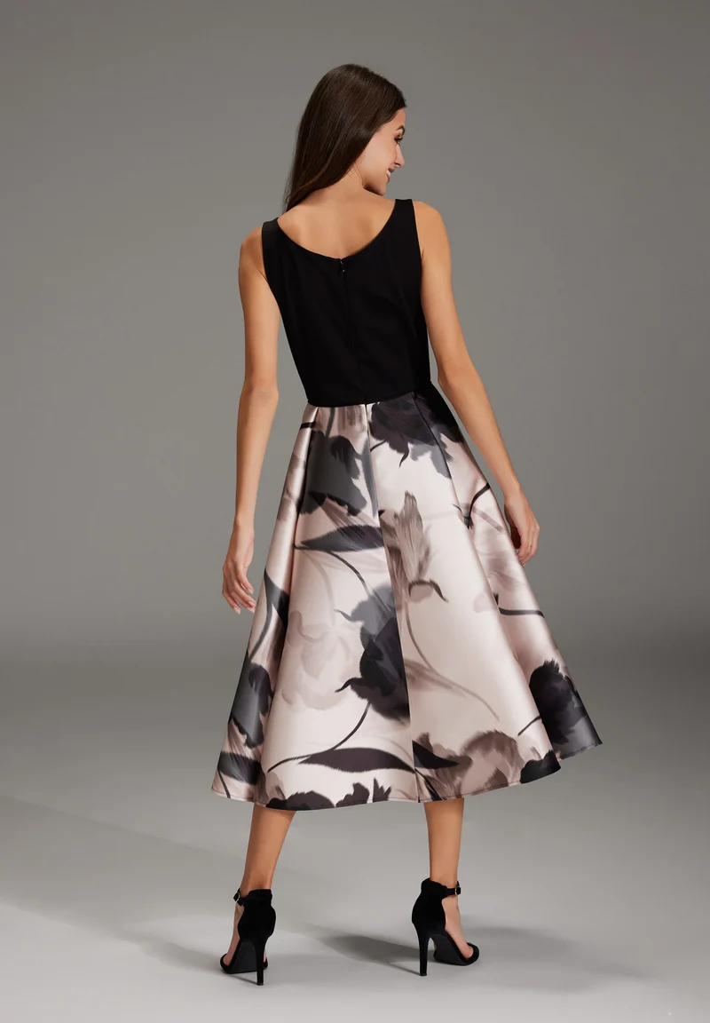 Cocktail Kleid aus bedrucktem Twill mit Scuba Oberteil
