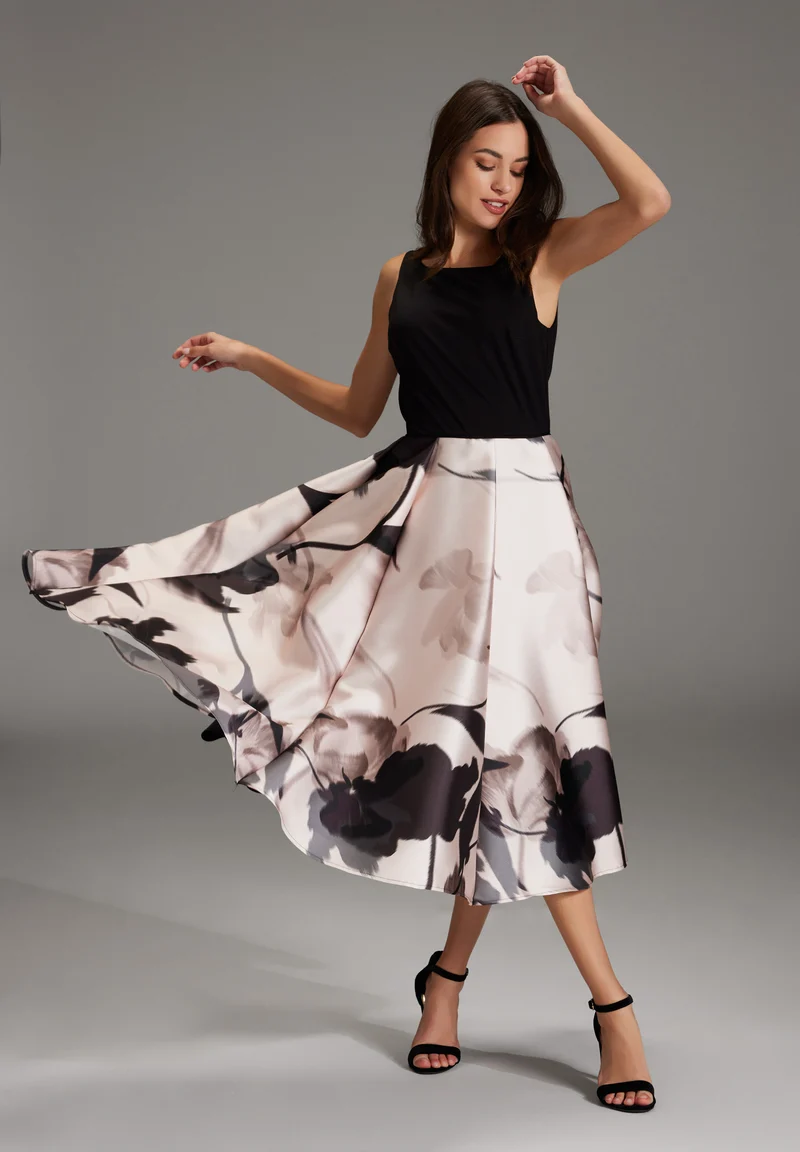 Cocktail Kleid aus bedrucktem Twill mit Scuba Oberteil