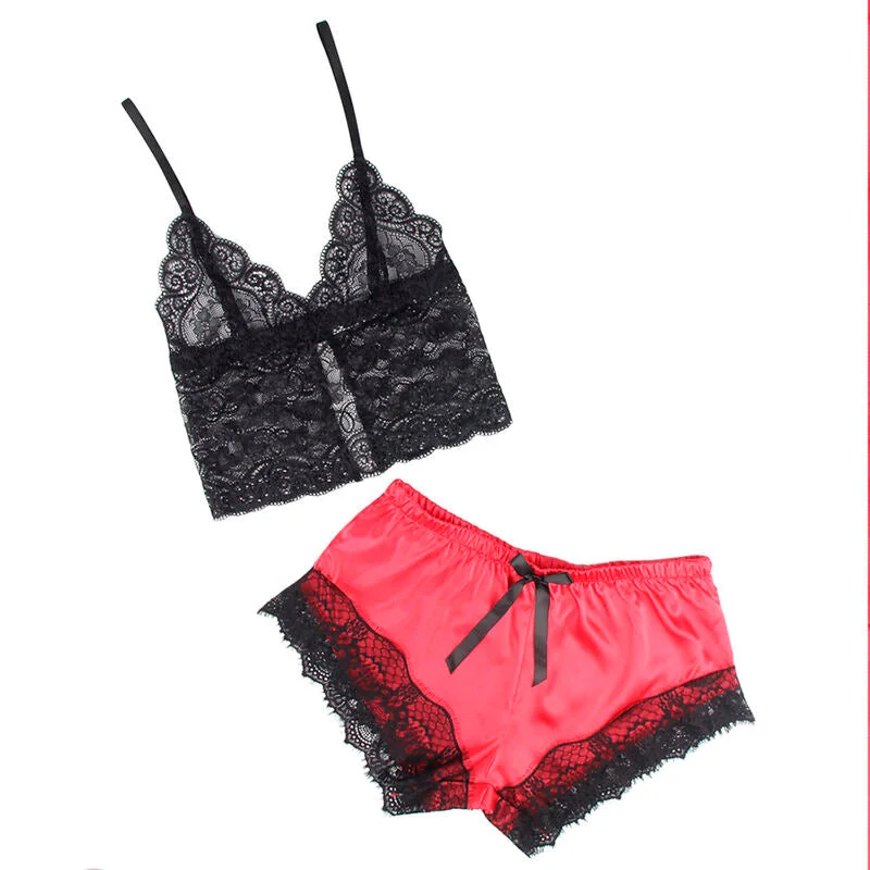 SUBBLIME - 953966 LÄSSIGE SEIDE NACHTHEMD + SPITZENHOSE SCHWARZ/ROT L/XL