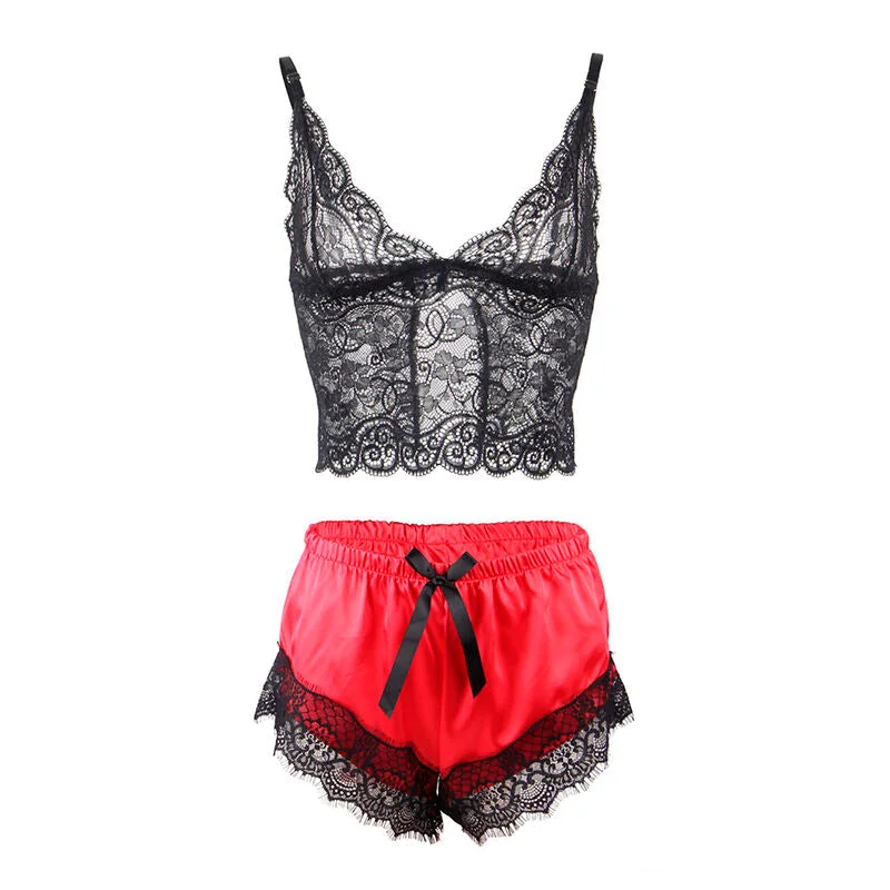 SUBBLIME - 953966 LÄSSIGE SEIDE NACHTHEMD + SPITZENHOSE SCHWARZ/ROT L/XL
