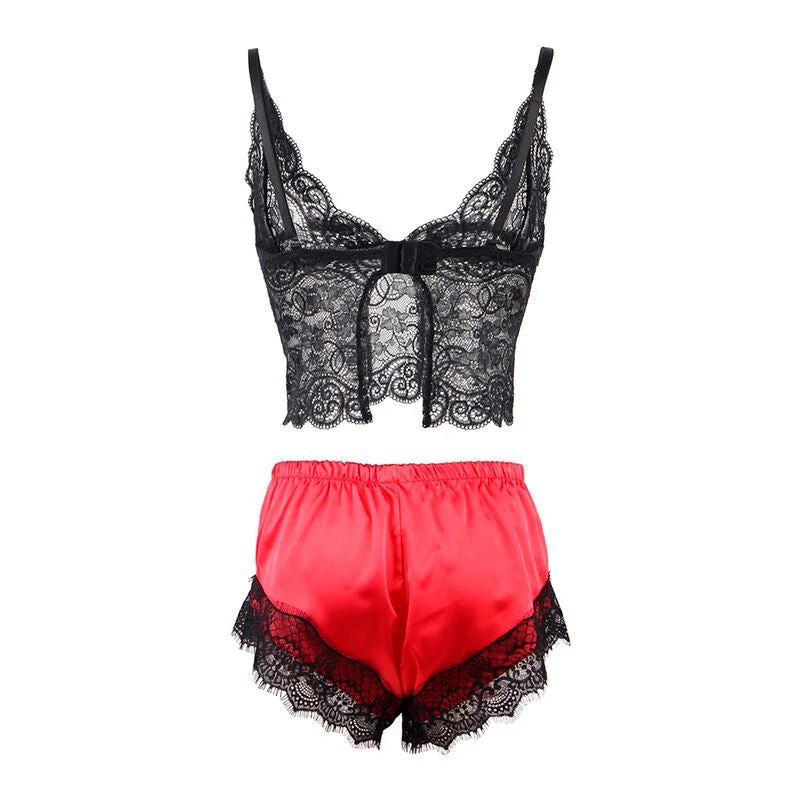 SUBBLIME - 953959 LÄSSIGE SEIDENNACHTHEMD + SPITZENHOSE SCHWARZ/ROT S/M