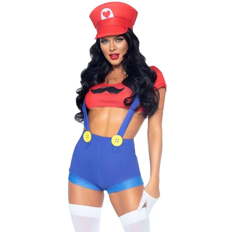 Leg Avenue Sexy Mario Bros Kostüm – Rot/Blau mit Crop Top & Shorts - S