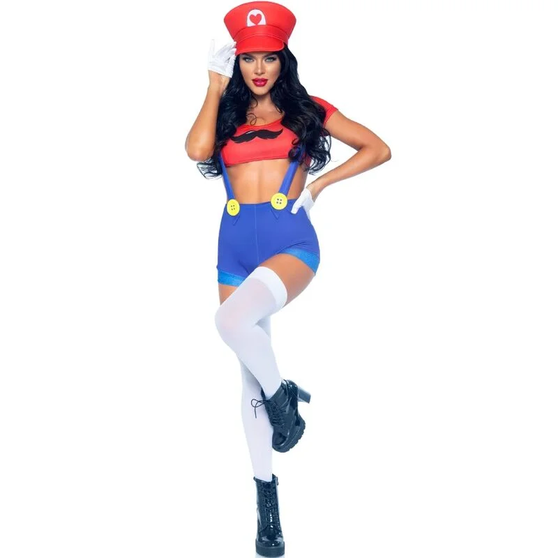 Leg Avenue Sexy Mario Bros Kostüm – Rot/Blau mit Crop Top & Shorts - S