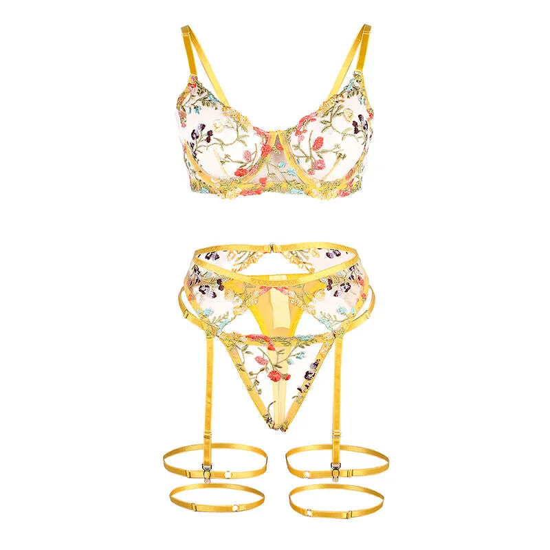 SUBBLIME - 954345 BH + STRING + STRUMPFGÜRTEL BLUMENDESIGN GELB S/M