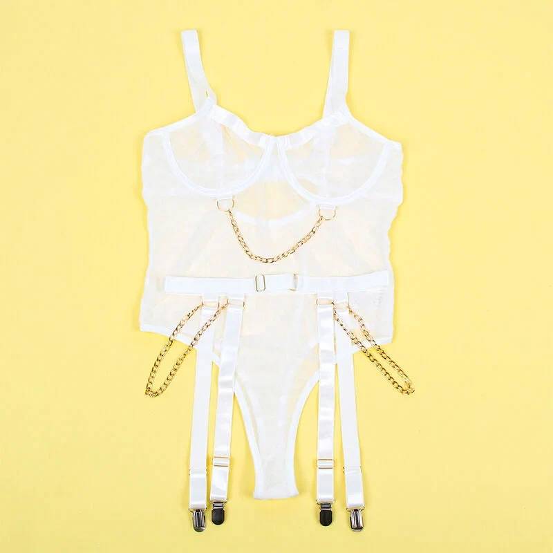 SUBBLIME - 954284 KÖRPER MIT KETTEN + STRUMPFGÜRTEL WEISS S/M