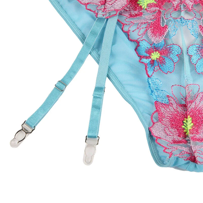 SUBBLIME - 954109 BH + HÖSCHEN MIT STRUMPFGÜRTEL BLUMENDESIGN BLAU S/M