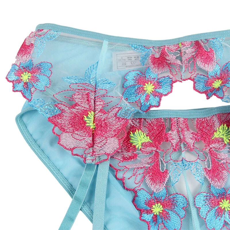 SUBBLIME - 954109 BH + HÖSCHEN MIT STRUMPFGÜRTEL BLUMENDESIGN BLAU S/M