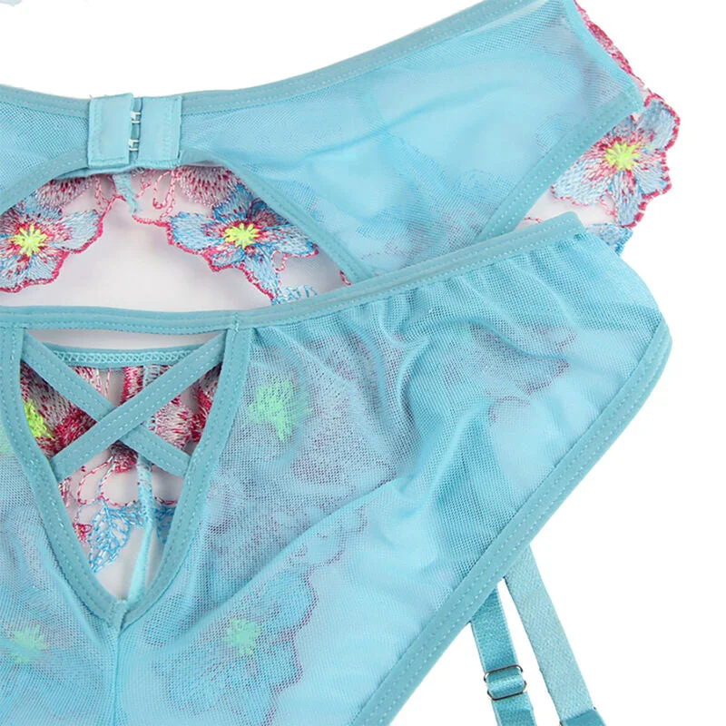 SUBBLIME - 954109 BH + HÖSCHEN MIT STRUMPFGÜRTEL BLUMENDESIGN BLAU S/M
