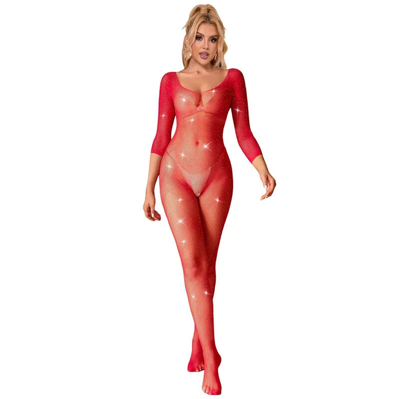 SUBBLIME - 952419 NETZ-BODYSTOCKING MIT DIAMANTEN, LANGE ÄRMEL, ROT, XS/M