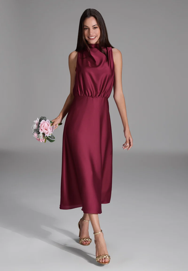 Midi Kleid aus Satin mit Drapierung am Kragen