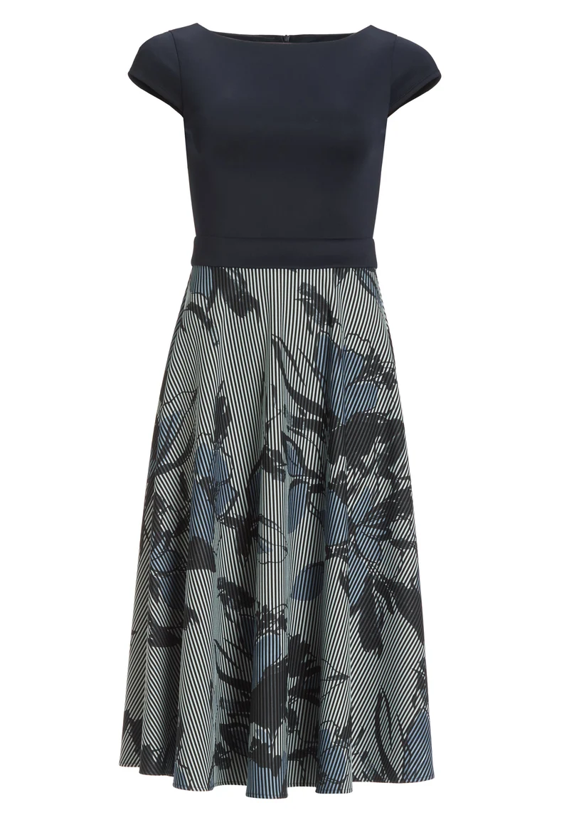 Midi Kleid aus bedrucktem Ottoman mit Scuba Oberteil
