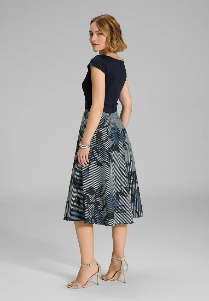 Midi Kleid aus bedrucktem Ottoman mit Scuba Oberteil