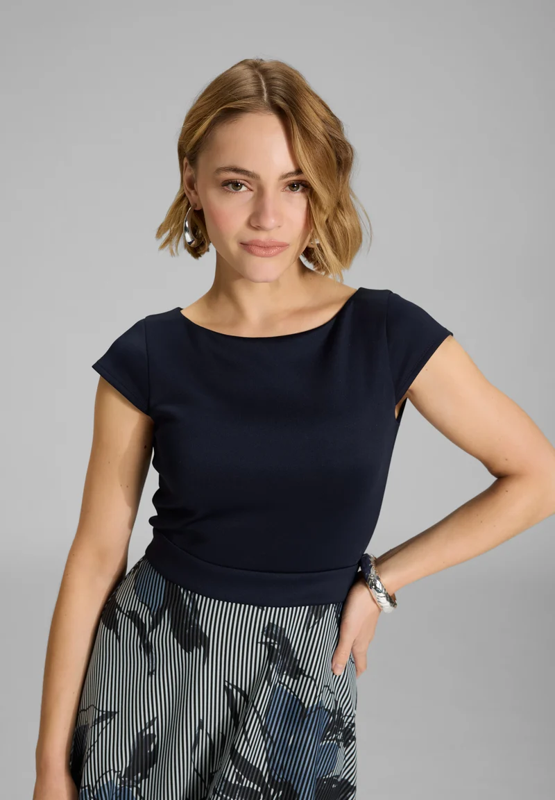 Midi Kleid aus bedrucktem Ottoman mit Scuba Oberteil