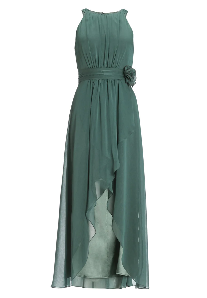 Abendkleid aus Chiffon mit Vokuhila Saum und Stoffblüte