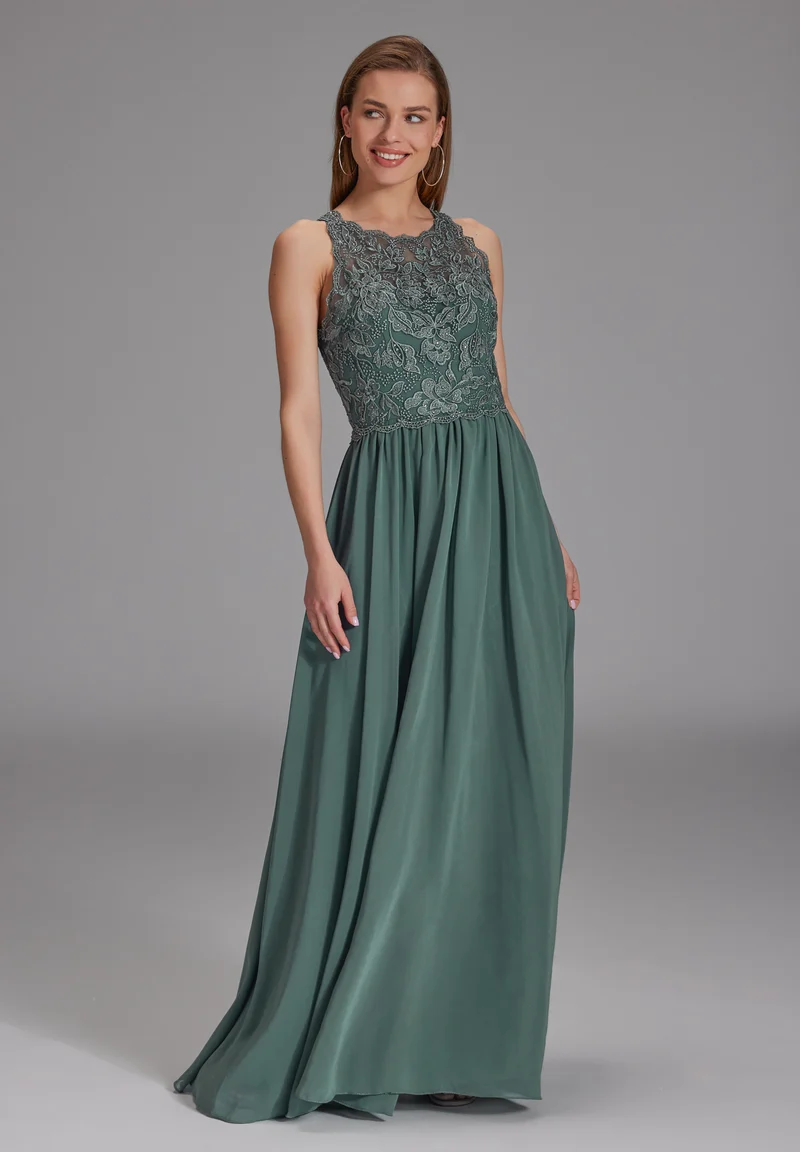 High-closed-Abendkleid mit floraler Spitze