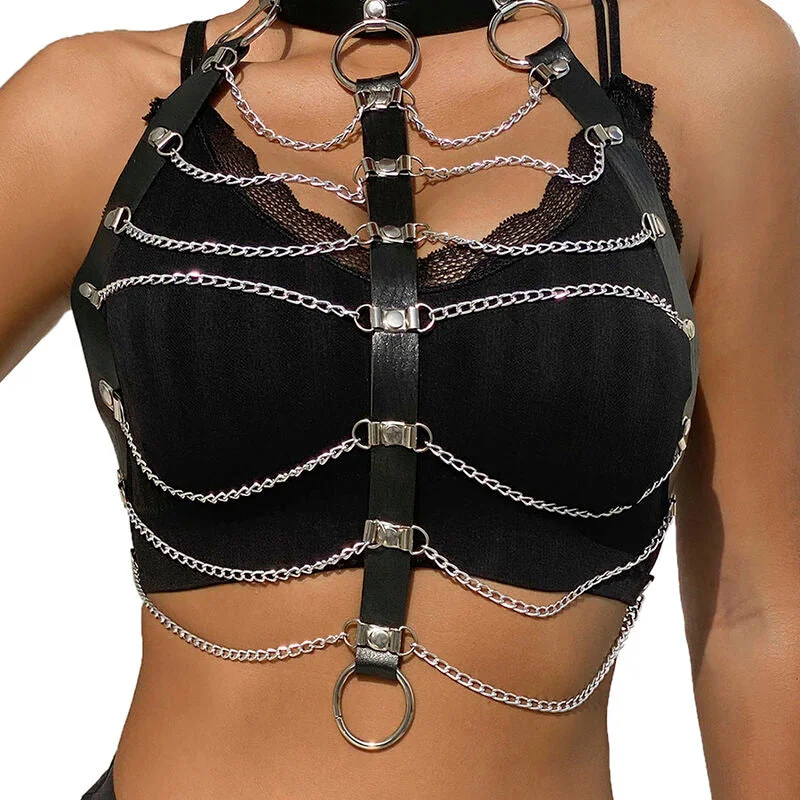 Verführerisches Leder-Brustharness mit Ketten - Schwarz, Einheitsgröße