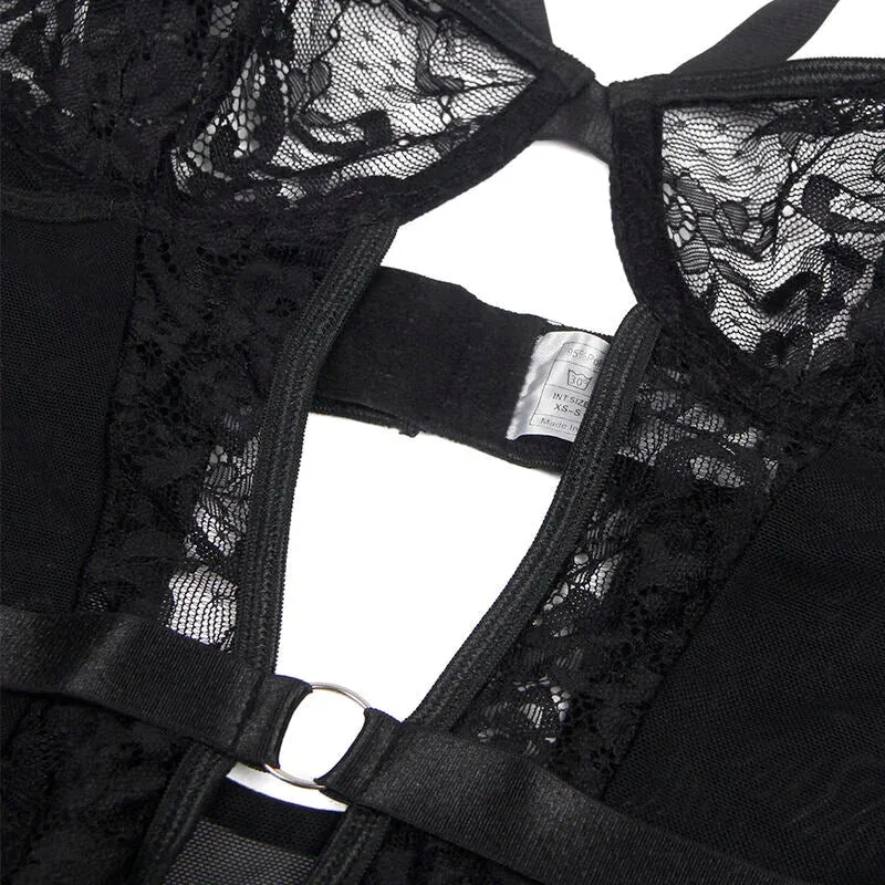 Sinnlicher Body mit Spitze & Strumpfbändern - Schwarz