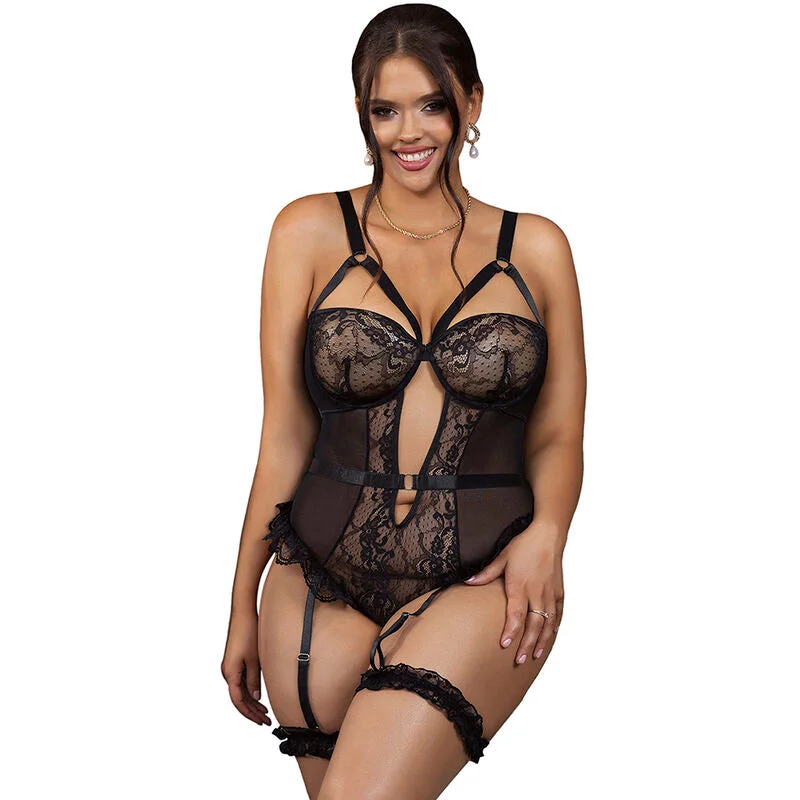 Sinnlicher Body mit Spitze & Strumpfbändern - Schwarz