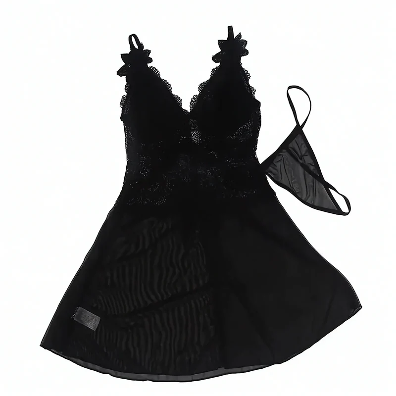 Babydoll aus Spitze & Tüll mit Blumendetails in Schwarz