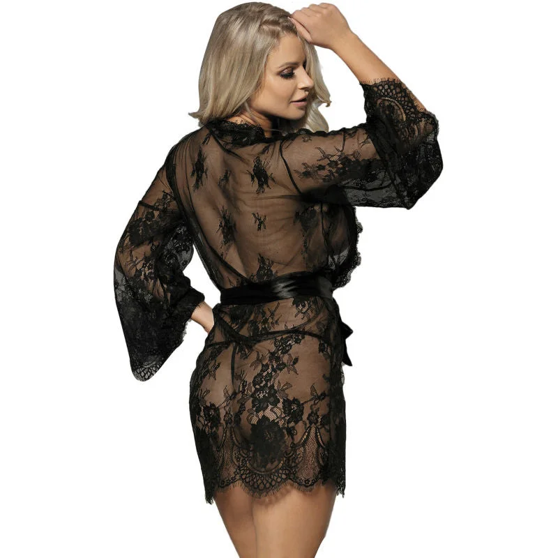 Sexy Peignoir-Set mit Blütenspitze in Schwarz