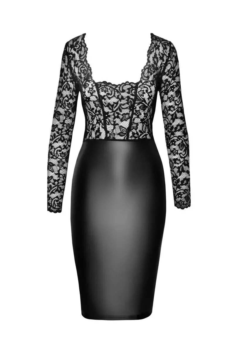 F295 halblanges Wetlook Kleid mit Spitze