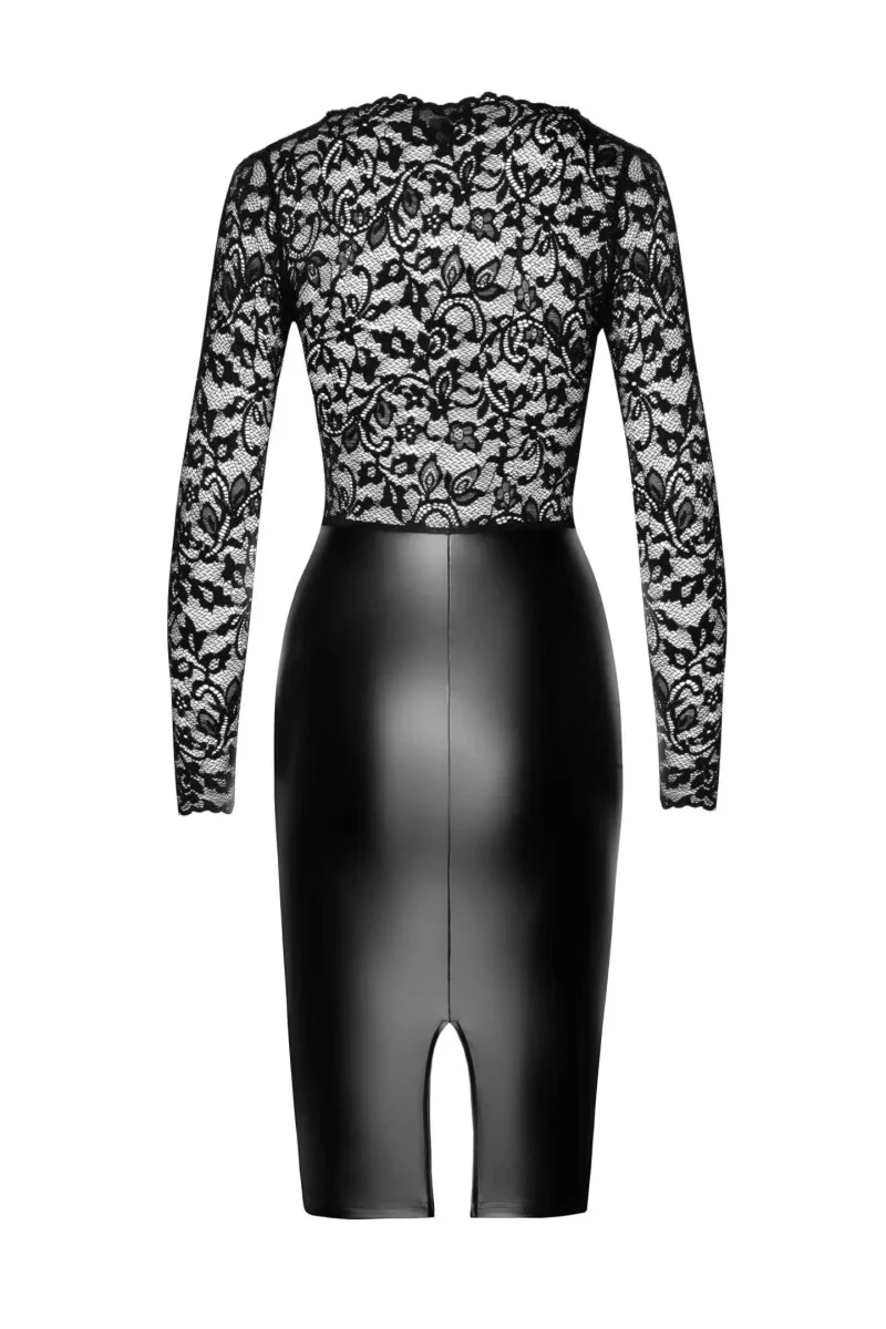 F295 halblanges Wetlook Kleid mit Spitze