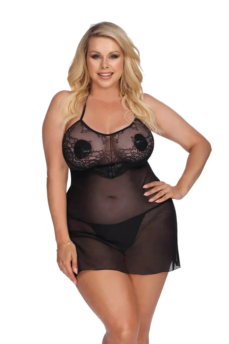 Anais Apparel Plus Size – Schwarzes Negligee aus Netz und Spitze