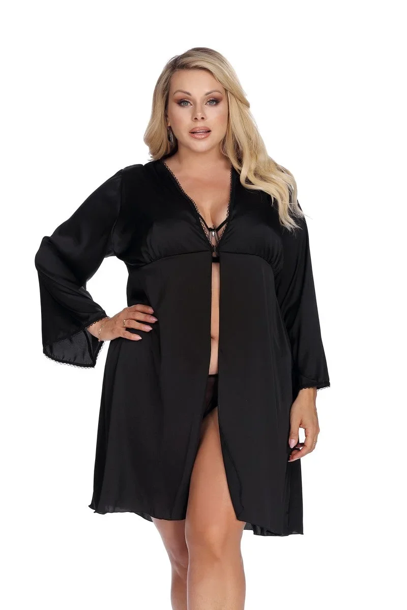 Anais Apparel Plus Size – Schwarzer Morgenmantel aus Satin (knielang)