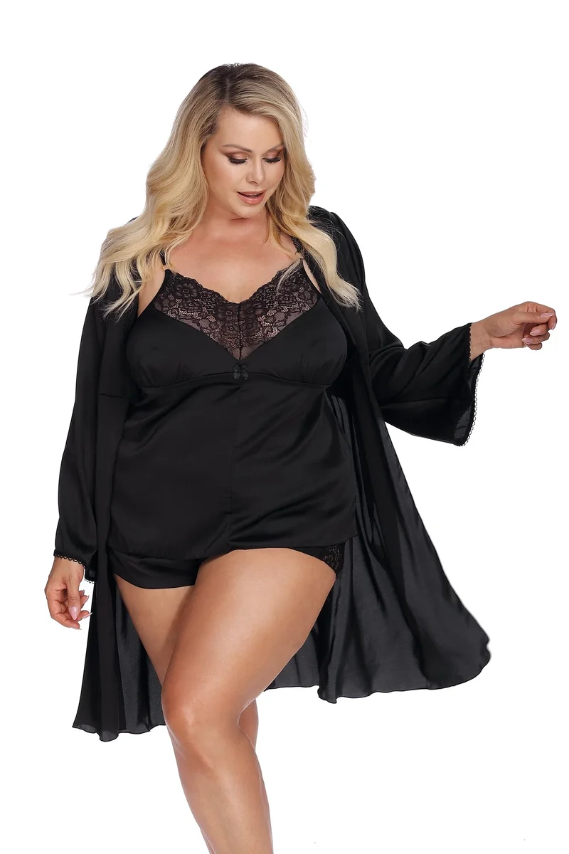 Anais Apparel Plus Size – Schwarzer Morgenmantel aus Satin (knielang)