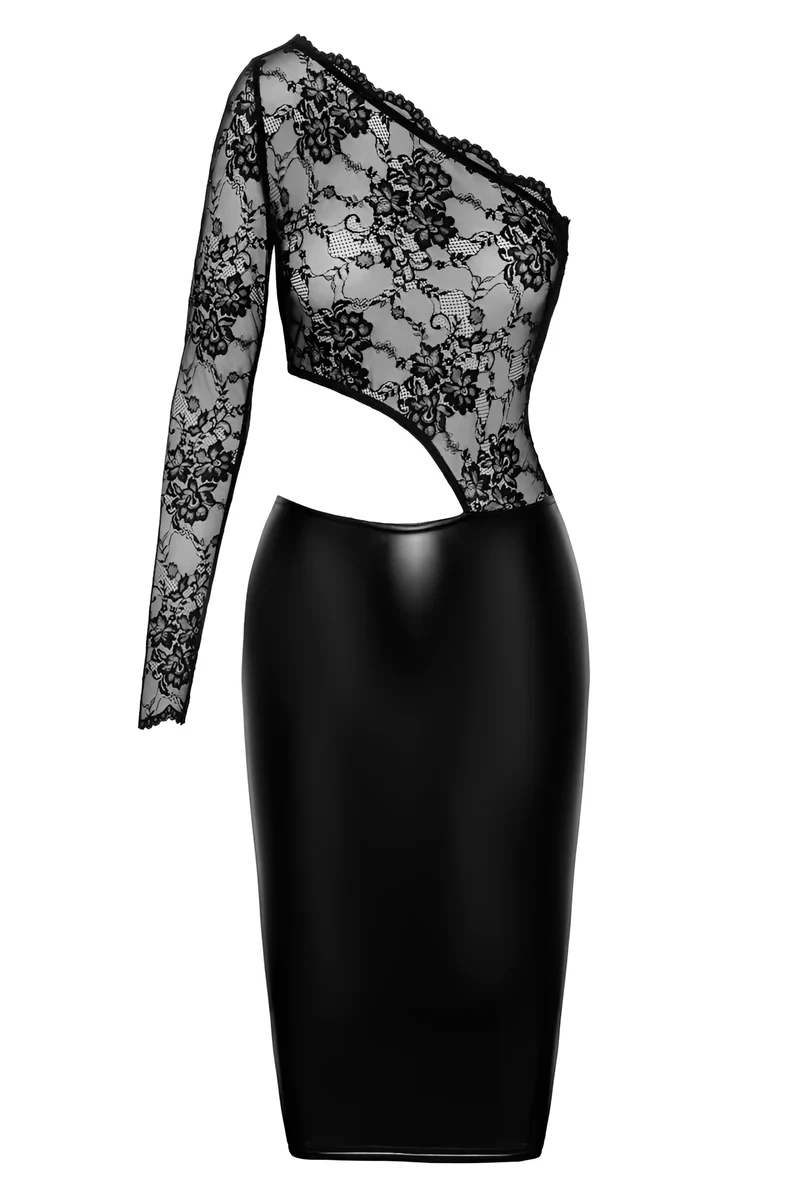 F339 halblanges Wetlook Kleid mit Spitze