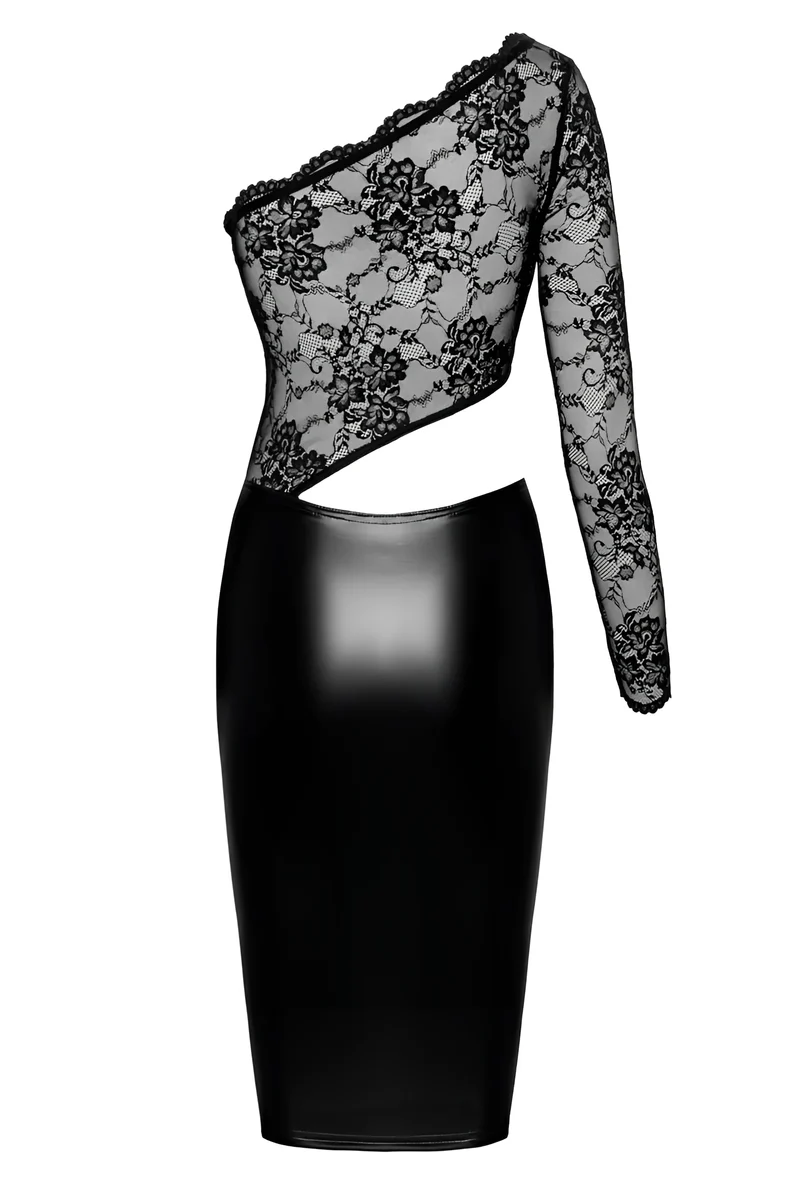 F339 halblanges Wetlook Kleid mit Spitze